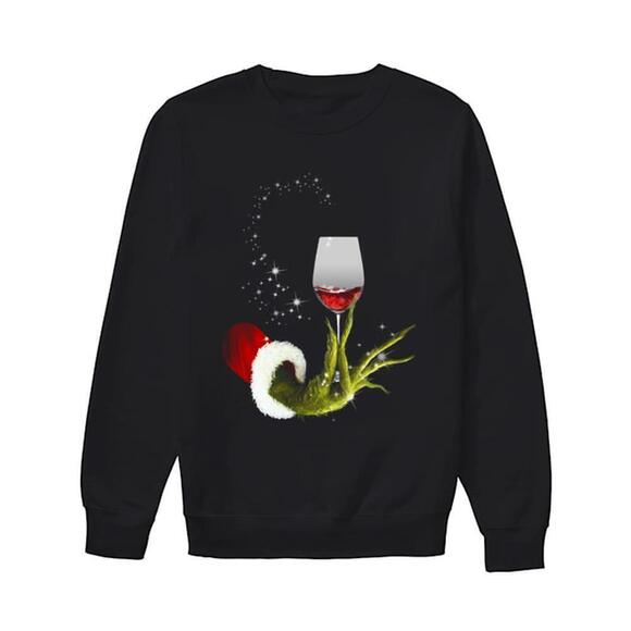 Kaity K Other - Grinch Hand Holding Glass Of Wine Funny Holiday Drinking Party Sweatshirt